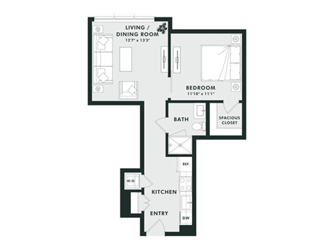A floor plan of a house with a living room, dining room, kitchen, bedroom, bathroom and spacious closet.
